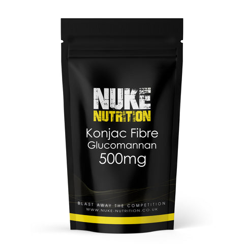 Black packaging of Nuke Nutrition Konjac Fibre Glucomannan 500mg on a white background