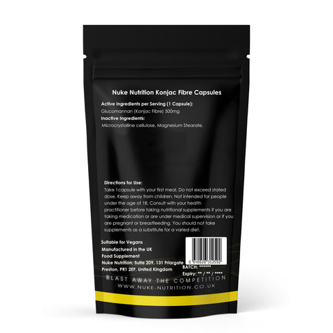Black packaging of Nuke Nutrition Konjac Fibre Capsules with white text on a white background