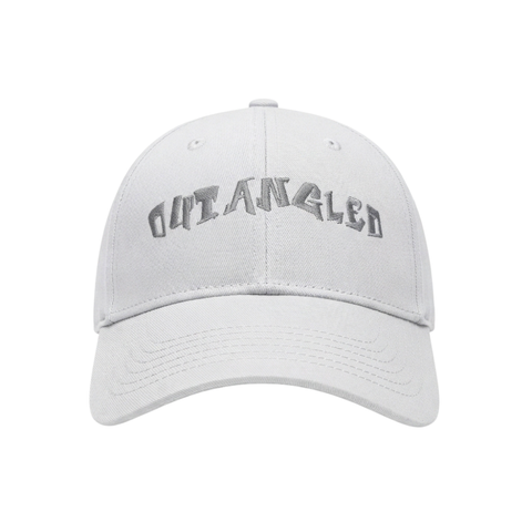 A white structured baseball cap with the word 'OUTANGLED' embroidered in a stylized gray font across the front panels, shown against a plain white background.