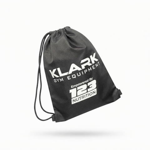 A black drawstring gym bag with white printed text reading 'KLARK GYM EQUIPMENT' and 'Empowered by 123 NUTRITION', shown on a clean white background.