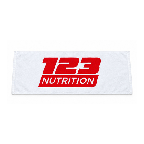 A white rectangular towel featuring a bold red graphic with the text '123 NUTRITION' printed on the front, set against a plain white background.