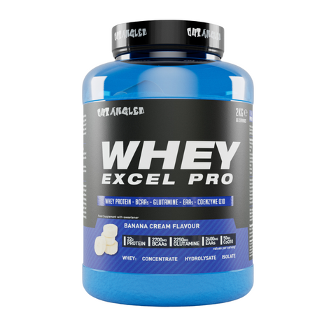 out angled whey excel protein powder with whey protein isolate, high protein milkshake, banana flavour