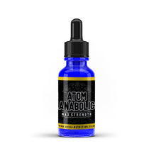 Blue bottle with black cap labeled 'Atom Anabolic Max Strength' on a white background
